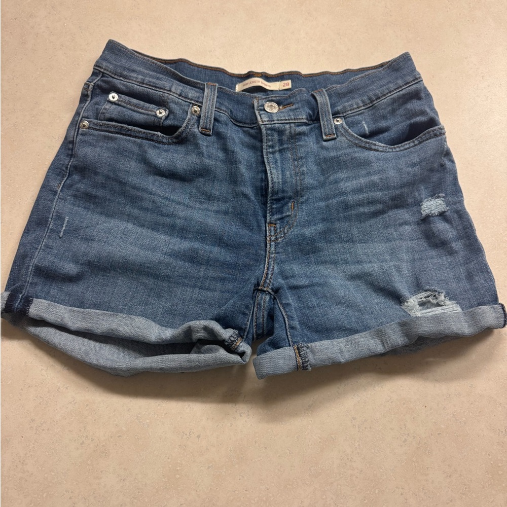 Levi's Blue Jean Shorts with Cuffed Hem and Distressed Look